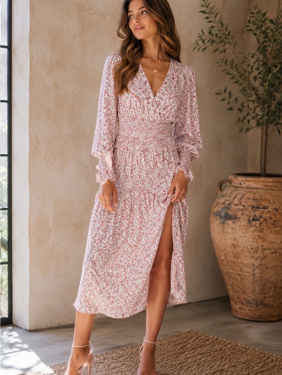 AFRM Dresses & Skirts - AFRM Hazel Ditzy Floral Pink Smocked Waist Side Slit Romantic MIDI Dress